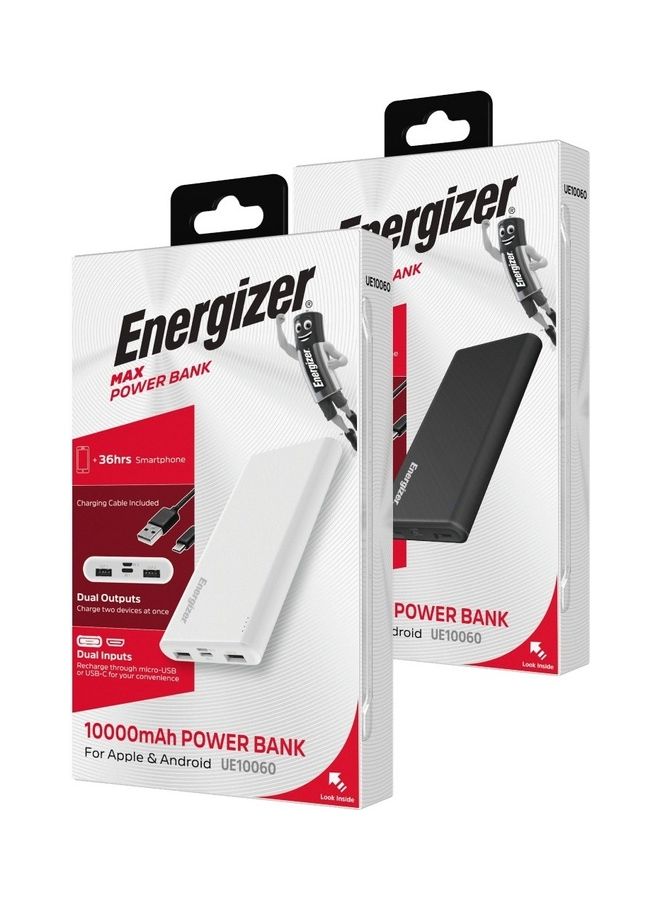 Energizer - Bundle of 2x 10000 mAh Rapid Charging Power Bank, Dual USB-A Outputs and Type-C, Micro USB Inputs, Slim, Compact with PowerSafe Management Black and White - Image 1