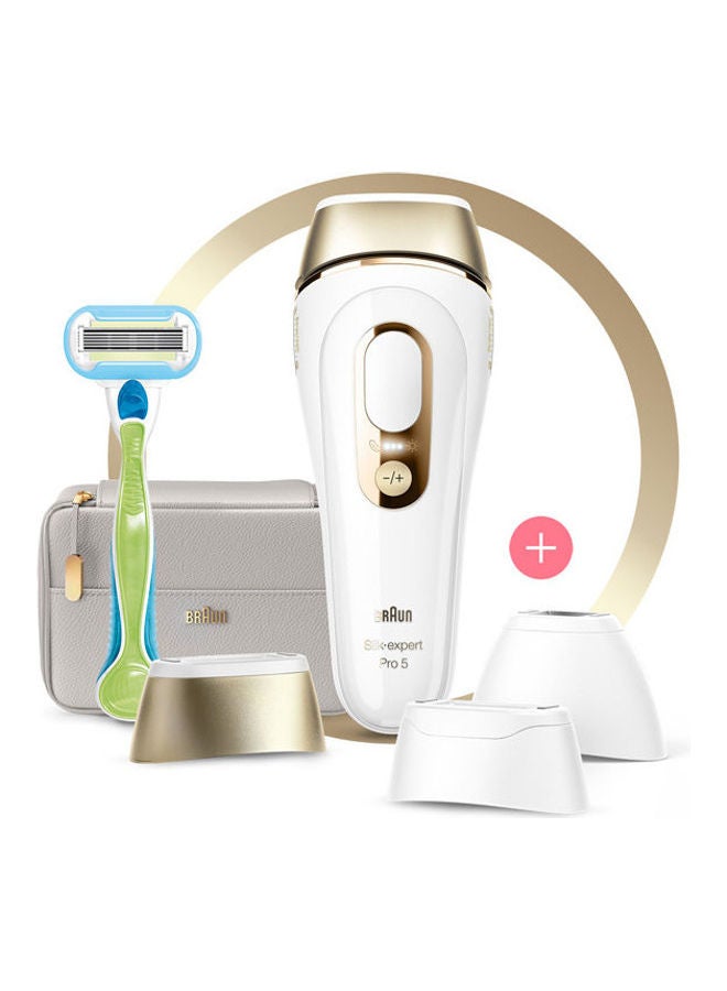 Silk-expert Pro 5 PL5257 IPL with 4 extras: wide head, precision head, Venus razor, soft pouch White/Gold 