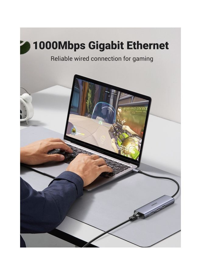 USB C Hub 7-in-1 4K 30Hz Type C to HDMI Dongle USB Hub Type C with Gigabit Ethernet USB 3.0 Ports 100W PD Charging SD TF Card Reader Adapter USB-C Hub for MacBook Pro Air 2022 HP XPS etc Grey