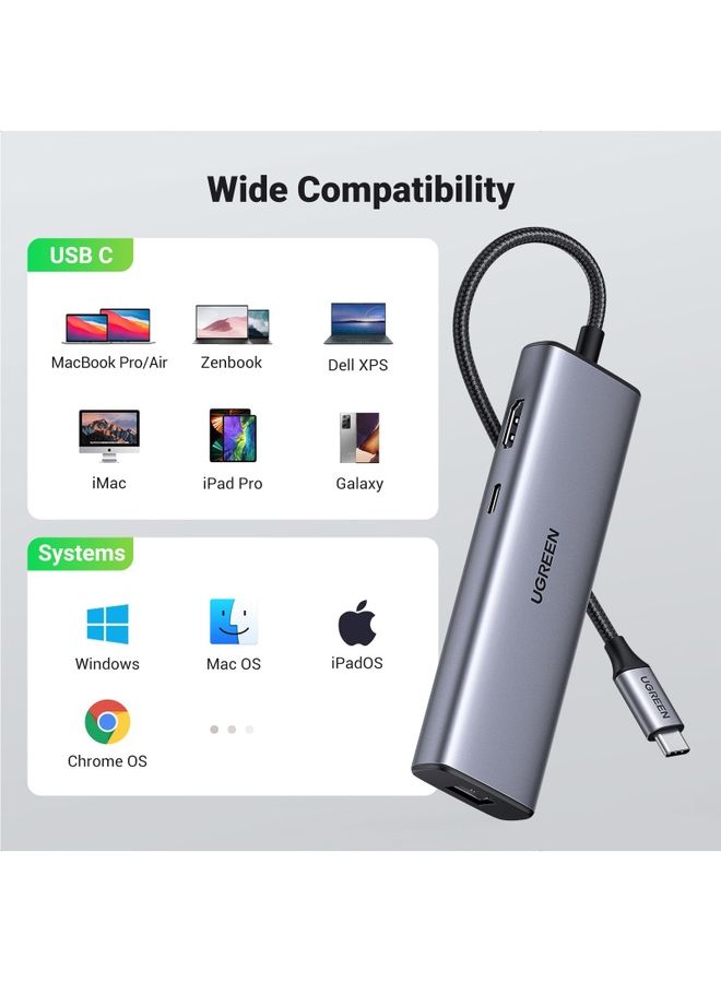 USB C Hub 7-in-1 4K 30Hz Type C to HDMI Dongle USB Hub Type C with Gigabit Ethernet USB 3.0 Ports 100W PD Charging SD TF Card Reader Adapter USB-C Hub for MacBook Pro Air 2022 HP XPS etc Grey