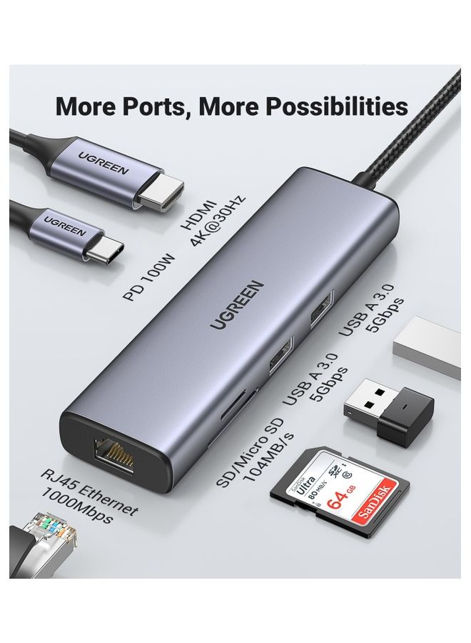 USB C Hub 7-in-1 4K 30Hz Type C to HDMI Dongle USB Hub Type C with Gigabit Ethernet USB 3.0 Ports 100W PD Charging SD TF Card Reader Adapter USB-C Hub for MacBook Pro Air 2022 HP XPS etc Grey