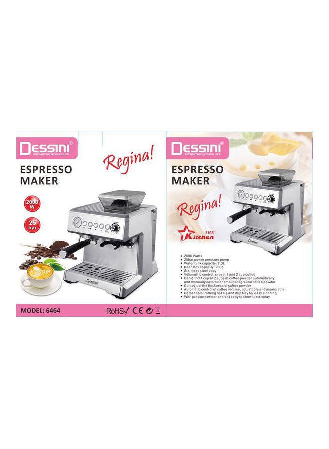 ماكينة صنع إسبريسو 2.3 L 2000 W Espressomaker6464 لون فضي