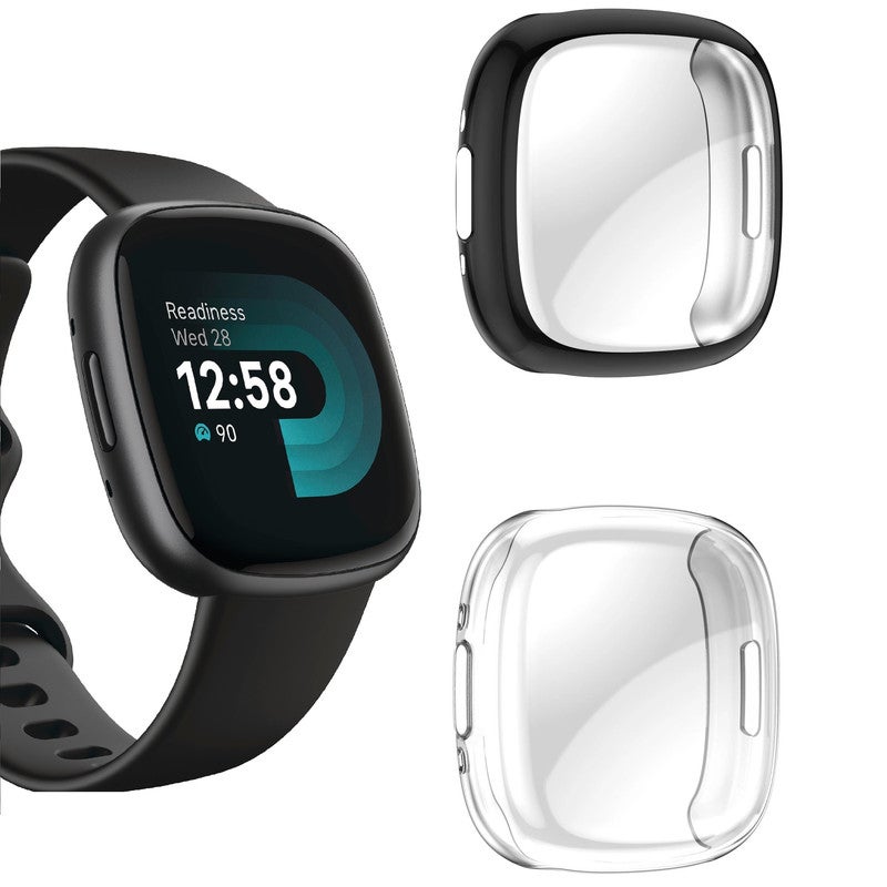 MARGOUN 2Pack for Fitbit Versa 4 Case / Fitbit Sense 2 Case Soft TPU Bumper Screen Protector Shockproof Full Coverage All-Around Protective Cover Clear/Black - Image 1