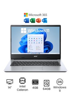 A114-33-C8DK Laptop With 14-Inch Display, Intel Celeron N4500 Processor / 4GB RAM / 64GB Flash Drive / Intel UHD Graphics / Windows 11 Home + Microsoft Office 365 Personal 1 Year  / arabic Silver