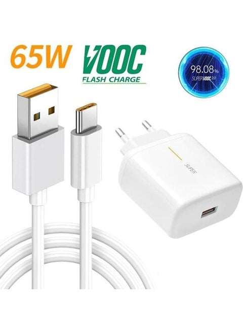 Super VOOC  Flash Charge Adapter 65W With Type C Cable White