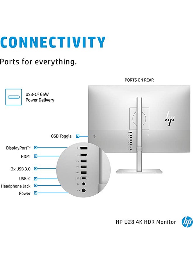 28 inch U28 4k HDR Monitor, UHD (3840x2160) 28 Inch, Factory Colour Calibrated (100% sRGB, 93% DCI-P3), Height Adjust Tilt and Swivel Stand, VESA Mount Compatible, (1 HDMI, 1 USB C, 1 DP; 3 USB 3.1) Silver/Black - v1672993341/N52566501A_10