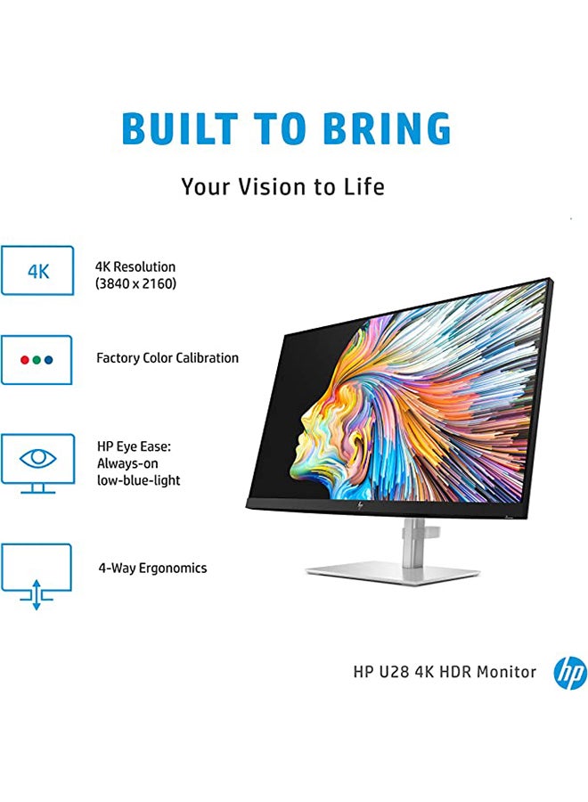 28 inch U28 4k HDR Monitor, UHD (3840x2160) 28 Inch, Factory Colour Calibrated (100% sRGB, 93% DCI-P3), Height Adjust Tilt and Swivel Stand, VESA Mount Compatible, (1 HDMI, 1 USB C, 1 DP; 3 USB 3.1) Silver/Black - v1672993342/N52566501A_9