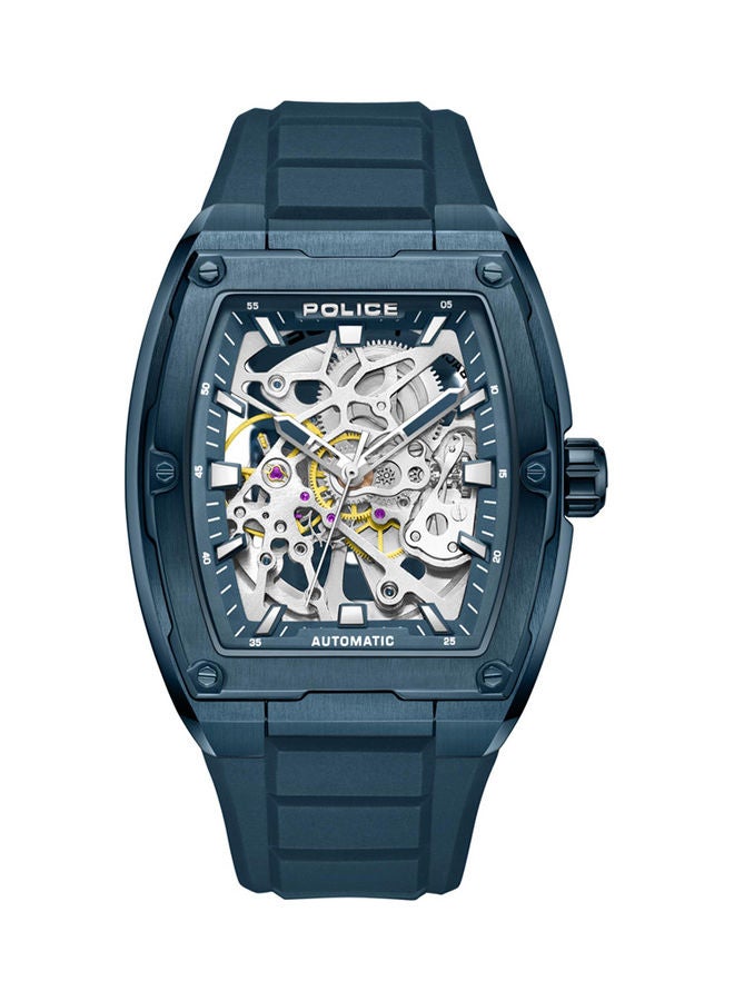 POLICE - Men's Skeletor 42mm Automatic Watch with Matte Blue Dial & Navy Silicone Strap - Image 1
