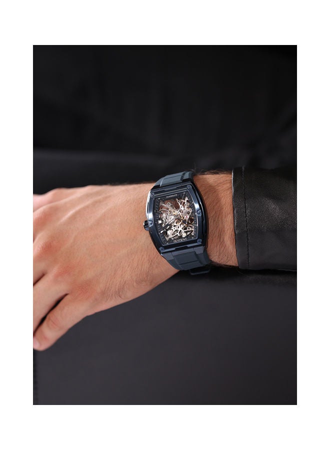 POLICE - Men's Skeletor 42mm Automatic Watch with Matte Blue Dial & Navy Silicone Strap - Image 1