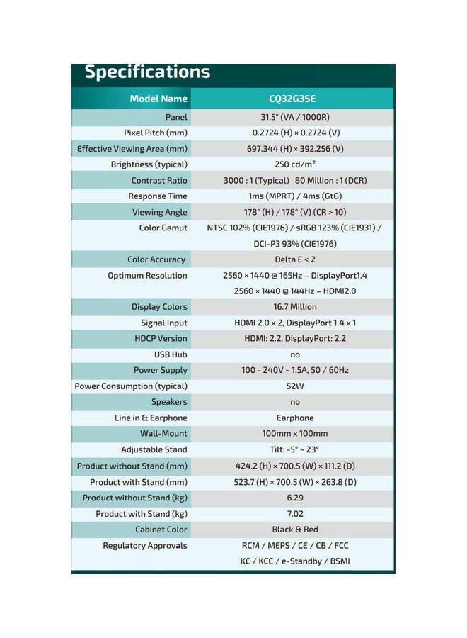 شاشة 31.5 بوصة QHD (2560x1440)، 165 هرتز، 1 مللي ثانية، VA، شاشة FreeSync Premium للألعاب CQ32G3SE - v1673006323/N48950011A_6