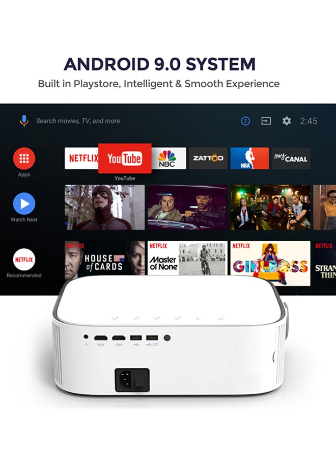 Wownect - Android 9.0 Tv 500Ansi Lumens/Screen Size upto 200 Inch Native 1080P Full Hd Download Apps Bluetooth Wifi Projector 4K Supports Home Theater Outdoor Video Projector PROJ-WO-70-AN White - Image 1