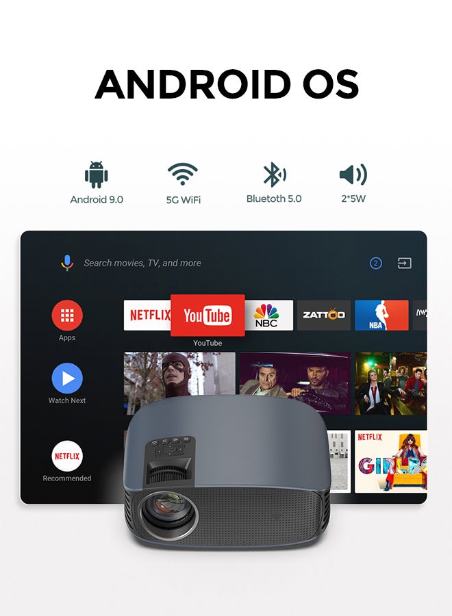 Wownect - Android 9.0 Led Tv 300 Ansi/Screen Size Upto 200 Inch Native 1080P Mobile Mirroring Downlaod Apps Wifi Bluetooth Home Theater Outdoor Video Projector PROJ-WO-74-AN Black - Image 1