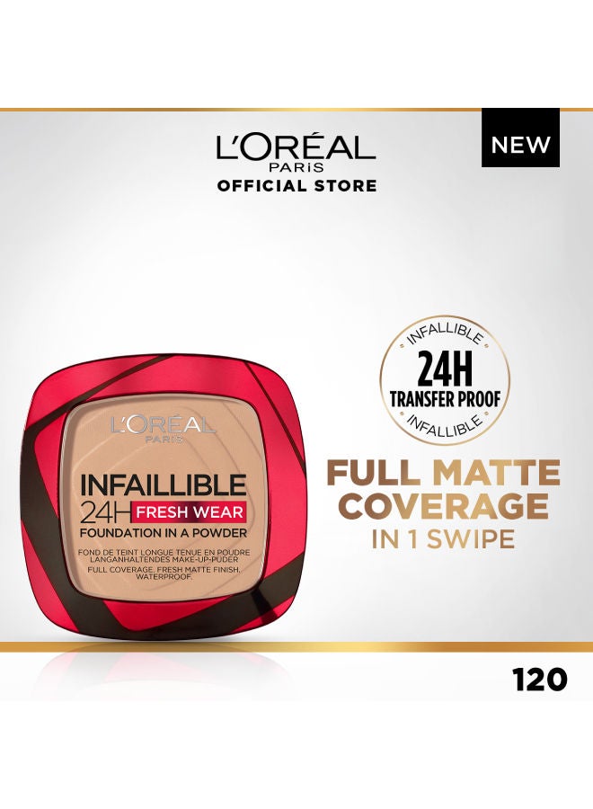 L'OREAL PARIS - Infaillible 24H Fresh Wear Foundation In A Powder - Waterproof, Full Matte Coverage Transferproof Makeup 120 Vanilla - Image 1