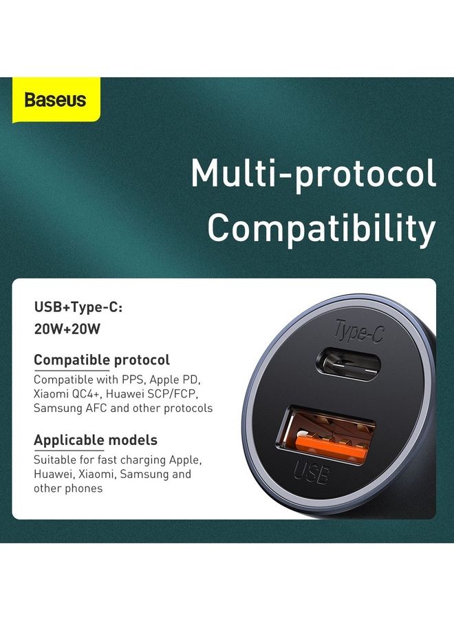 Baseus - Car Charger 40W USB-C Adapter PD 3.0 and QC 4.0 Phone Fast Charging With Simple Wisdom Data Cable Type-C To Lightning (1m for iPhone 14, 14 Pro, 13, 13 Pro, 12, 12 Pro, 11, X, Samsung, Huawei and Many More - Grey - Image 1