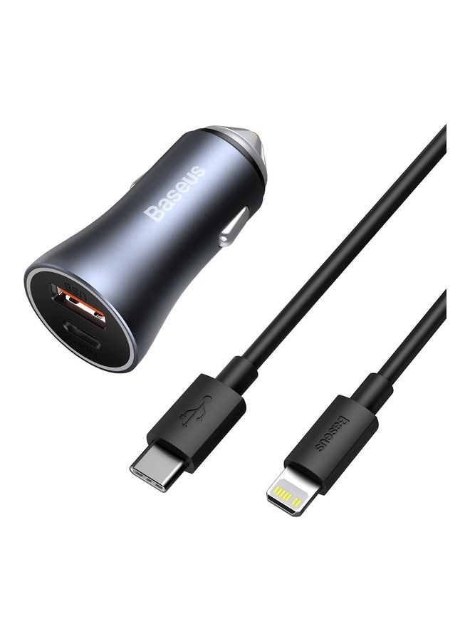 Baseus - Car Charger 40W USB-C Adapter PD 3.0 and QC 4.0 Phone Fast Charging With Simple Wisdom Data Cable Type-C To Lightning (1m for iPhone 14, 14 Pro, 13, 13 Pro, 12, 12 Pro, 11, X, Samsung, Huawei and Many More - Grey - Image 1