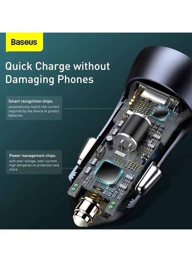 Baseus - Car Charger 40W USB-C Adapter PD 3.0 and QC 4.0 Phone Fast Charging With Simple Wisdom Data Cable Type-C To Lightning (1m for iPhone 14, 14 Pro, 13, 13 Pro, 12, 12 Pro, 11, X, Samsung, Huawei and Many More - Grey - Image 1