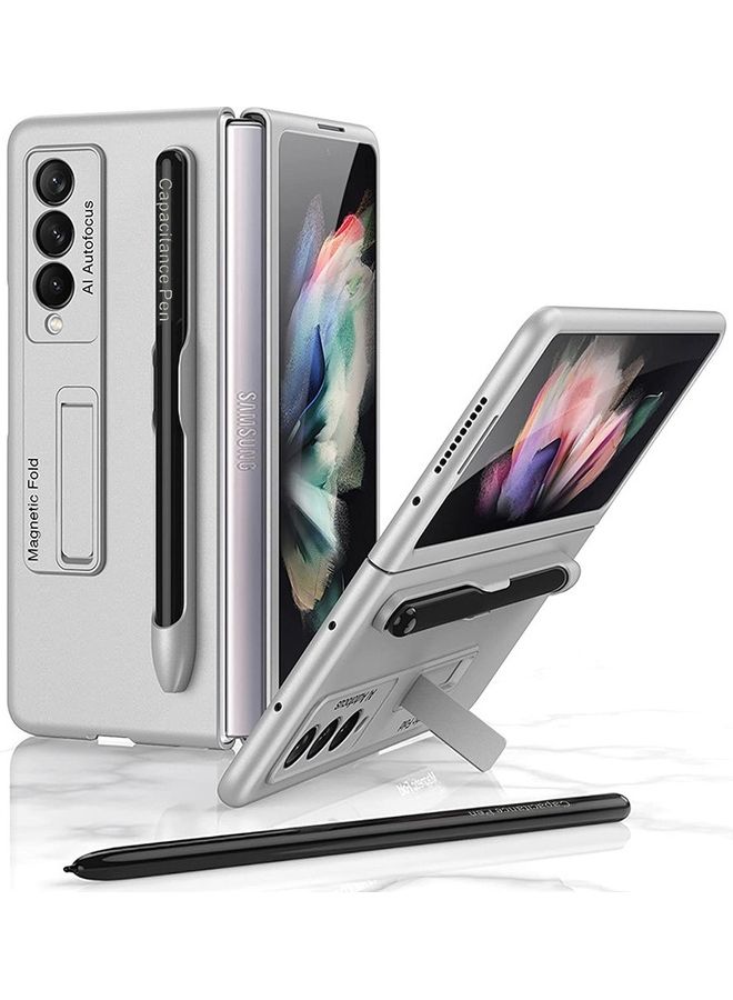 MARGOUN Samsung Galaxy Z Fold 3 5G Case with Pen and Kickstand Shockproof Slim Flip Cover Silver - Image 2