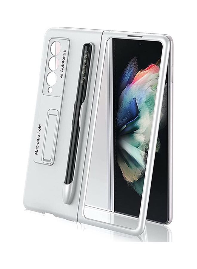 MARGOUN Samsung Galaxy Z Fold 3 5G Case with Pen and Kickstand Shockproof Slim Flip Cover Silver - Image 4