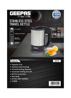 GEEPAS Stainless Steel Travel Electric Kettle With Concealed Heating Element, Boil Dry Protection And Automatic Cut-Off/Perfect For Boiling Water, Milk, Tea 0.5 L 1100 W GK175 Silver/Black  - Image 4