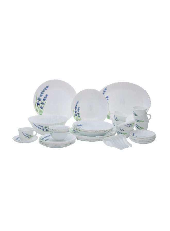 Royalford 44-Piece Opal Ware Floral Dinner Set With 1X33Cm Oval Plate, 6X22Cm Soup Plates, 1X23Cm Serving Bowl, 6X25Cm Dinner Plates, 6X19Cm Dessert Plates, 6X11Cm Small Bowls, 6Xserving Spoons, 12Xcup And Saucer Sets, Serves 6, Multicolor English Lavender  - Image 1