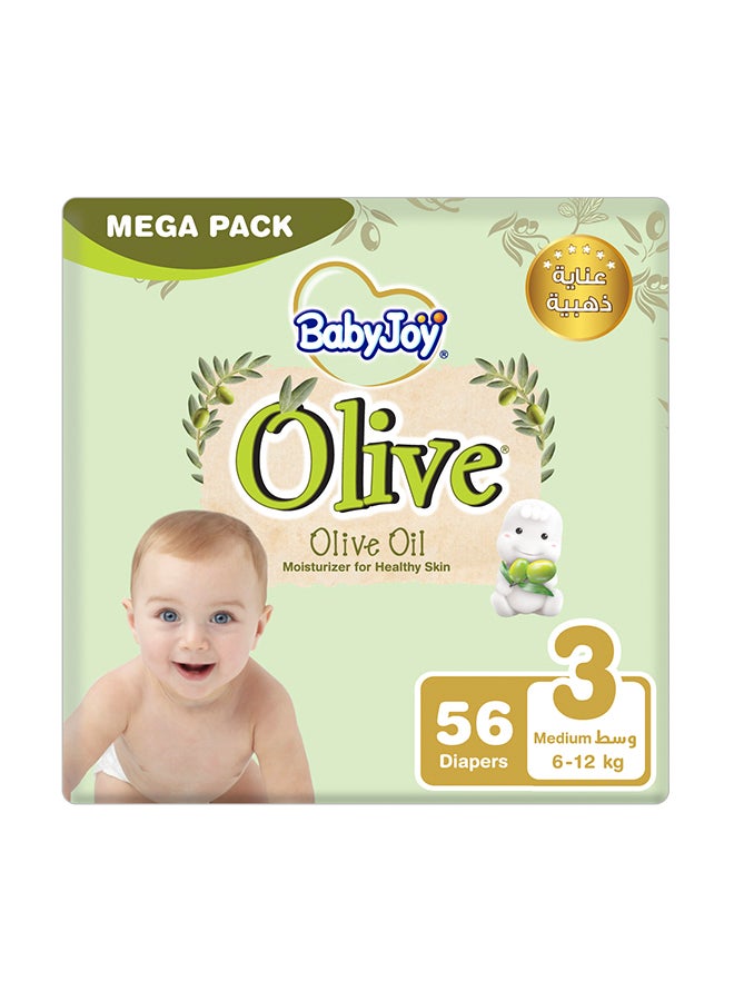 BabyJoy Olive Tape Diaper, Size 3, Medium, 6-12 Kg, Mega Pack, 56 Diapers  - Image 1