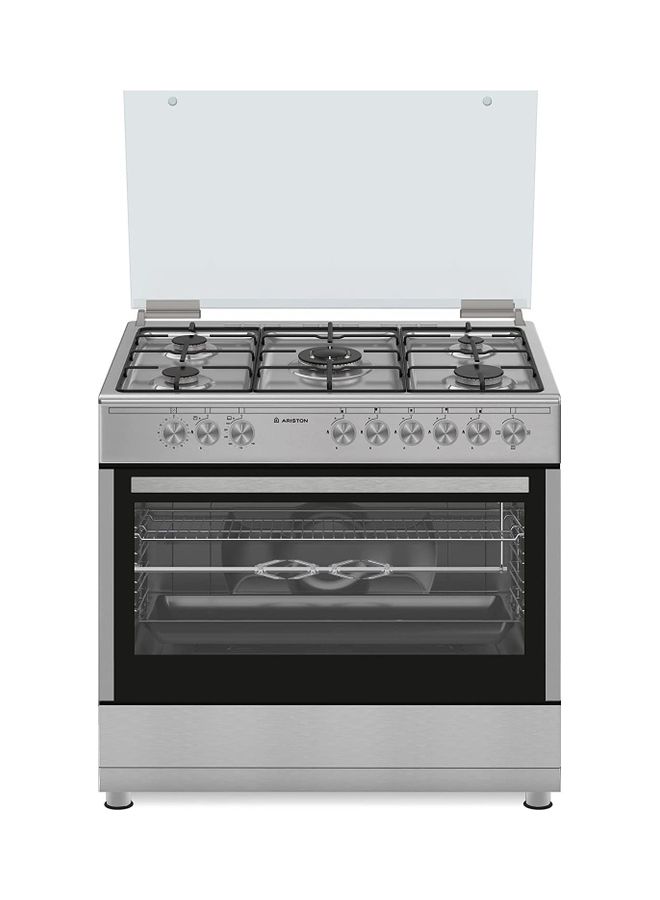 Ariston - 90x60 Cm Freestanding Cooker Gas Cooking Range-5 Burners With 1 Triple Crown Sabaf One Hand Automatic Ignition Full Safety Skewer Turnspit Matt Finish Grids Maxi-Oven AM9GM1KMXMEA Silver - Image 1
