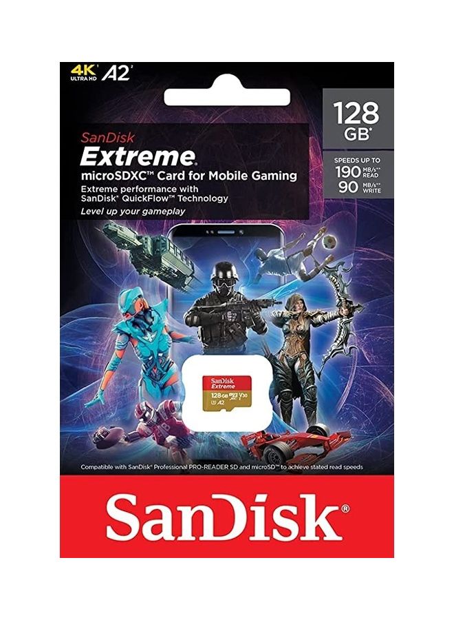 سانديسك - بطاقة SanDisk Extreme microSD UHS I سعة 128 جيجابايت للألعاب، شهادة A2 لتحميل الألعاب بشكل أسرع، سرعة قراءة 190 ميجابايت/ثانية، كتابة 90 ميجابايت/ثانية - Image 1