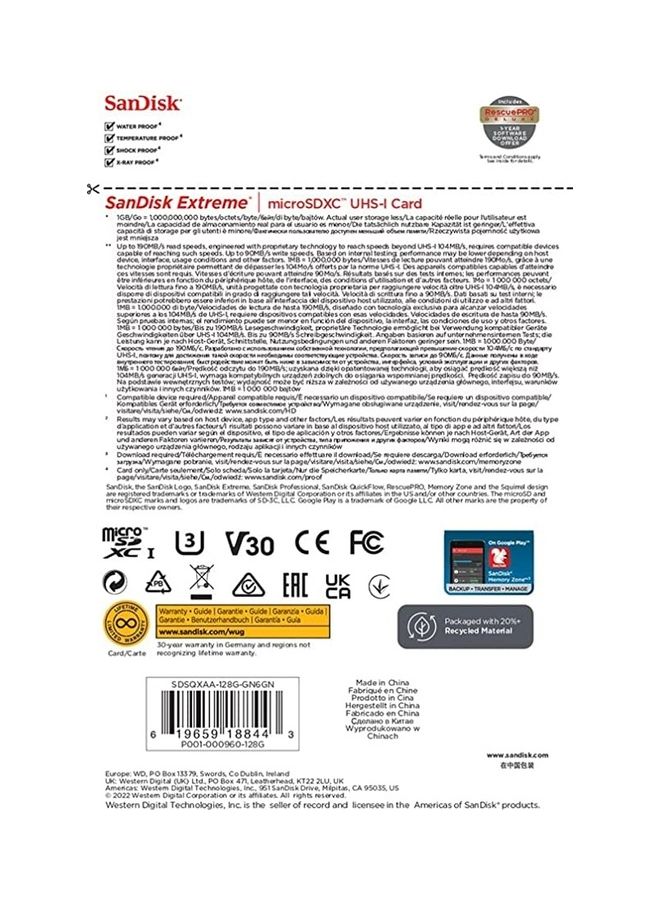 سانديسك - بطاقة SanDisk Extreme microSD UHS I سعة 128 جيجابايت للألعاب، شهادة A2 لتحميل الألعاب بشكل أسرع، سرعة قراءة 190 ميجابايت/ثانية، كتابة 90 ميجابايت/ثانية - Image 1