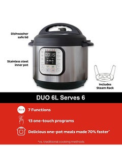 Instant Pot DUO 6, (6-Quart), 7-In-1 Multi-Use Electric Programmable Pressure Cooker, Multicooker, 13 Smart Programs, Stainless Steel Inner Pot And Advanced Safety Protection 5.7 L 1000 W INP-112-0027-01 Black & Stainless steel  - Image 3