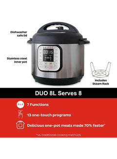 Instant Pot DUO 8, 7-In-1 Multi-Use Electric Programmable Pressure Cooker, Multicooker, 13 Smart Programs, Stainless Steel Inner Pot, Advanced Safety Protection 8 L 1200 W INP-113-0007-01 Black & Stainless steel  - Image 3