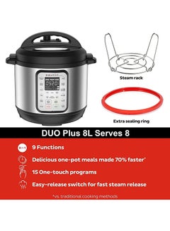Instant Pot DUO plus 8, 9-in-1 Multi-Use Electric Programmable Pressure Cooker, Multicooker, 15 smart programs, inner pot, Advanced Safety Protection 8 L 1200 W INP-113-0008-01 Black & Stainless steel  - Image 3