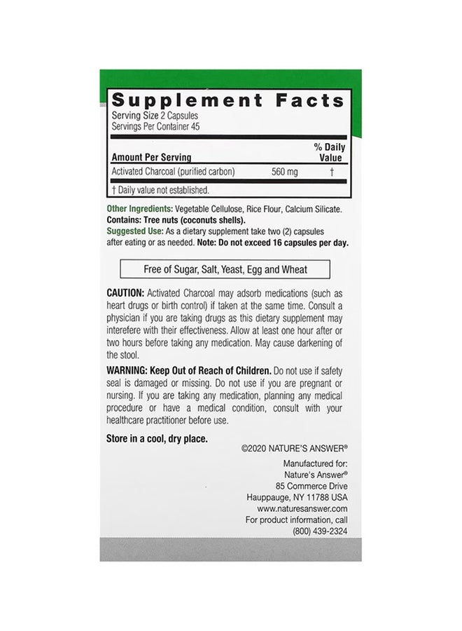 NATURE'S ANSWER Charcoal Activated Purified Carbon 560 mg - 90 Vegetarian Capsules  - Image 2