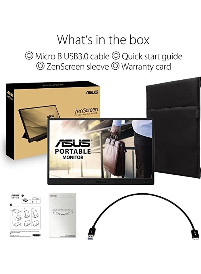 ZenScreen MB165B 15.6'' HD Portable USB Monitor, 60Hz Refresh Rate, 10ms Response Time, 1366x768 Resolution, 16:9 Aspect Ratio, Narrow Bezel, Anti Glare Surface 90LM0703-B01170 Black