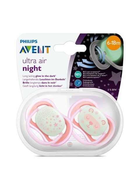 2-Piece Ultra Air Night Soft Pacifier Set for 6-18 Months, White/Pink - SCF376/22
