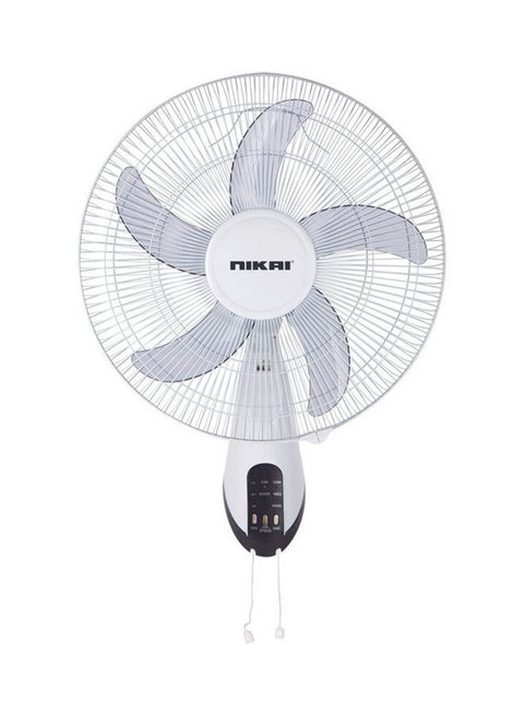 16 Inch Wall Fan with Remote, T Class Copper Motor, 5 AS Knife Blades - 120° Grill, 3 Speed Control, 7.5 Hours Timer, Energy-Efficient, Ideal For Office, And Home 45 W NWF1636RT1 White