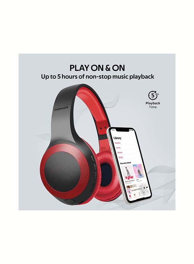 PROMATE Over-Ear Deep Bass Wired/Wireless Headphone with Long Paytime, Hi-Fi Sound, Built-In Mic, On-Ear Controls, Soft Earpads, MicroSD Card Slot and AUX Port for iPhone, Samsung, iPad Pro, LaBoca Red  - Image 4