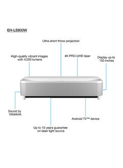 EPSON Super-Ultra-Short-Throw Projector, Smart Laser Projection TV, 4,000 Lumen Brightness, 2,500,000:1 Contrast Ratio, 3LCD Technology EH-LS800W White  - Image 2