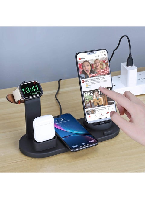 6 in 1 Wireless Charger Station for iPhone, Apple Watch, AirPods with Type-C, Micro-USB, Lightning Dock Compatible with Android/iOS Black