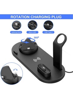 6 in 1 Wireless Charger Station for iPhone, Apple Watch, AirPods with Type-C, Micro-USB, Lightning Dock Compatible with Android/iOS Black
