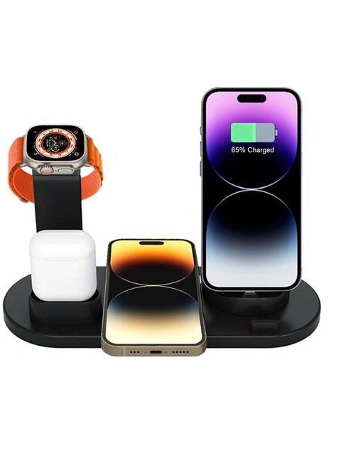 Wireless Charger Stand for iPhone 14 Series, Apple Watch Ultra/8, AirPods 6 in 1 Charging Station with Type-C, Micro-USB, Lightning Dock Compatible with Android/iOS Black