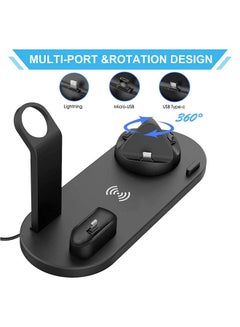 MARGOUN Wireless Charger Stand for iPhone 14 Series, Apple Watch Ultra/8, AirPods 6 in 1 Charging Station with Type-C, Micro-USB, Lightning Dock Compatible with Android/iOS Black  - Image 3