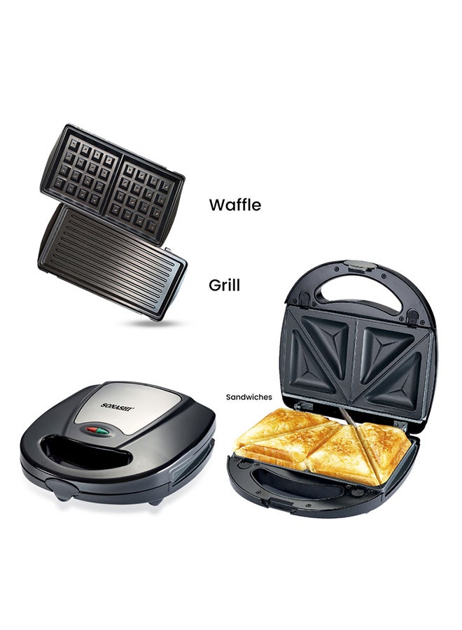 SONASHI - Multi-Snack Maker 3-in-1 - Non-Stick Detachable Cooking Plate | Cooks Delicious Crispy Sandwiches/Waffles/Grills | Cool Touch Handle | Automatic Temperature Control 760 W SSM-861 Black/Silver - Image 1