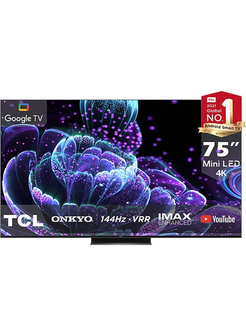 75 Inch 4K Ultra HD Mini LED Smart Google TV With Hands-Free Voice Control, Game Master, Dolby Vision IQ-Atmos, HDR 10+, Onkyo Audio With Built-In Subwoofer, IMAX Enhanced 75C835 Black