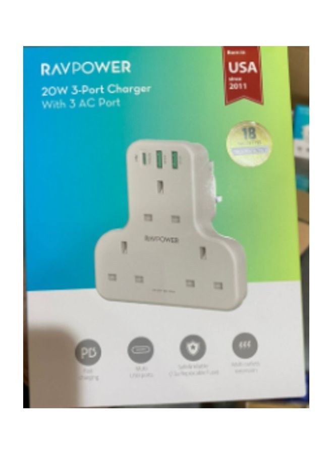 RAVPOWER 3 Port Charger With 3 AC Plug White  - Image 2