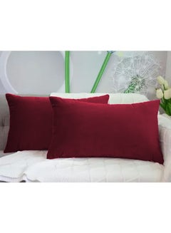 2 Pieces Velvet Decorative Cushion Set Solid Design Velvet Burgundy 30 x 50centimeter - v1675177554/N35055204A_2