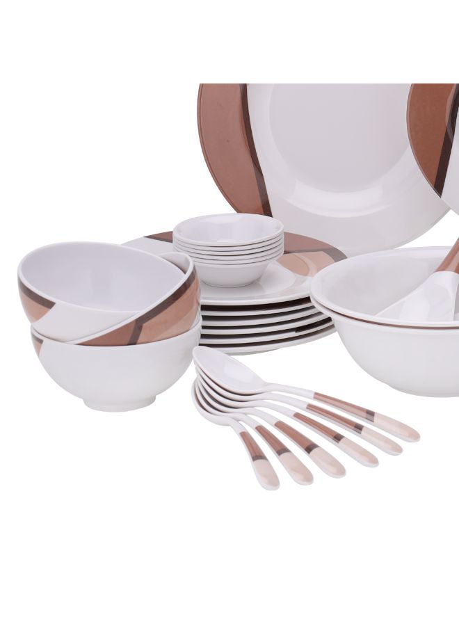 Royalford - Royalford 35 Piece Melamine Ware Dinner Set| Includes Oval Plate, Deep Plates, Dinner Plates, Round Bowls, Small Dishes, Rice Spoons and Soup Spoons| Top-Rack Dishwasher-Safe and Freezer-Friendly| Eco-Friendly and Food-Grade| Brown and White 39.3x26x20cm - Image 1