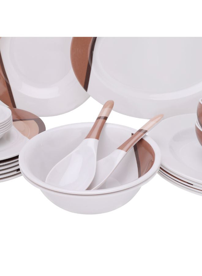 Royalford - Royalford 35 Piece Melamine Ware Dinner Set| Includes Oval Plate, Deep Plates, Dinner Plates, Round Bowls, Small Dishes, Rice Spoons and Soup Spoons| Top-Rack Dishwasher-Safe and Freezer-Friendly| Eco-Friendly and Food-Grade| Brown and White 39.3x26x20cm - Image 1