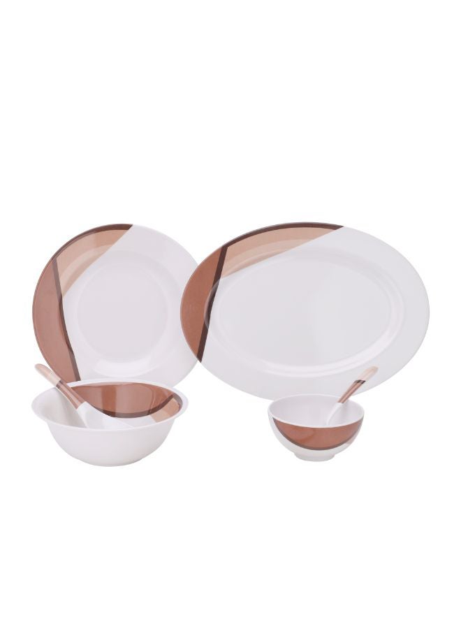 Royalford - Royalford 35 Piece Melamine Ware Dinner Set| Includes Oval Plate, Deep Plates, Dinner Plates, Round Bowls, Small Dishes, Rice Spoons and Soup Spoons| Top-Rack Dishwasher-Safe and Freezer-Friendly| Eco-Friendly and Food-Grade| Brown and White 39.3x26x20cm - Image 1
