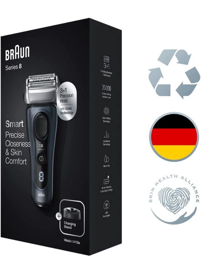 BRAUN - Series 8 Wet & Dry Shaver With Charging Stand And Travel Case 8413S Black 23.2 x 8 x 16.2cm - Image 1