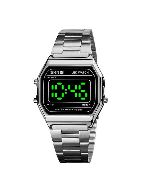 ساعة يد رقمية فاخرة بسوار من الستانلس ستيل مقاومة للماء بشاشة LED طراز 1646 للرجال